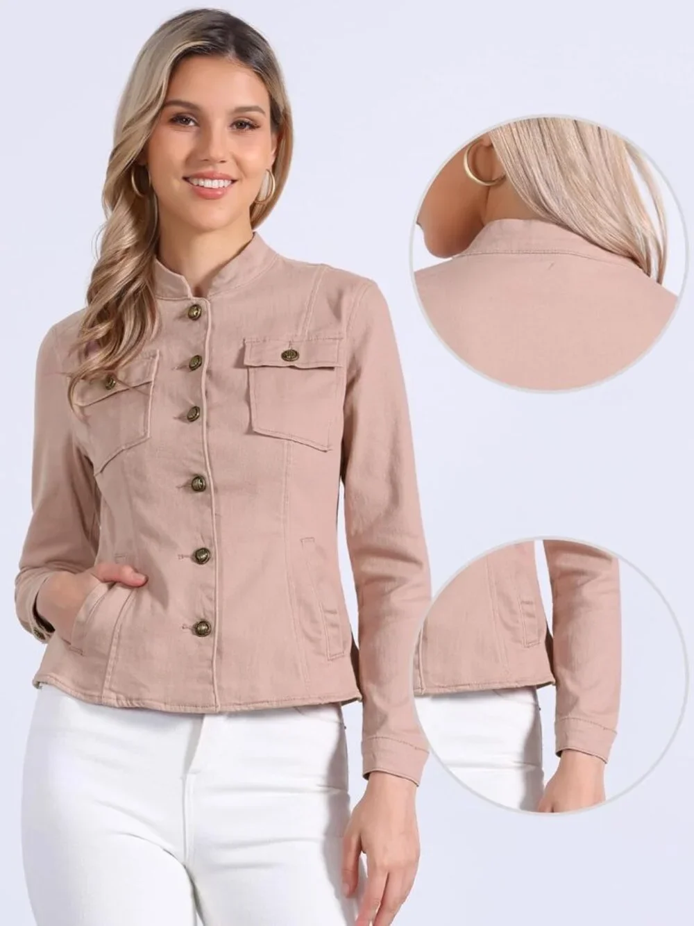 Women's Pink Classic Stand Collar Long Sleeve Denim Jackets Flap Chest Pockets